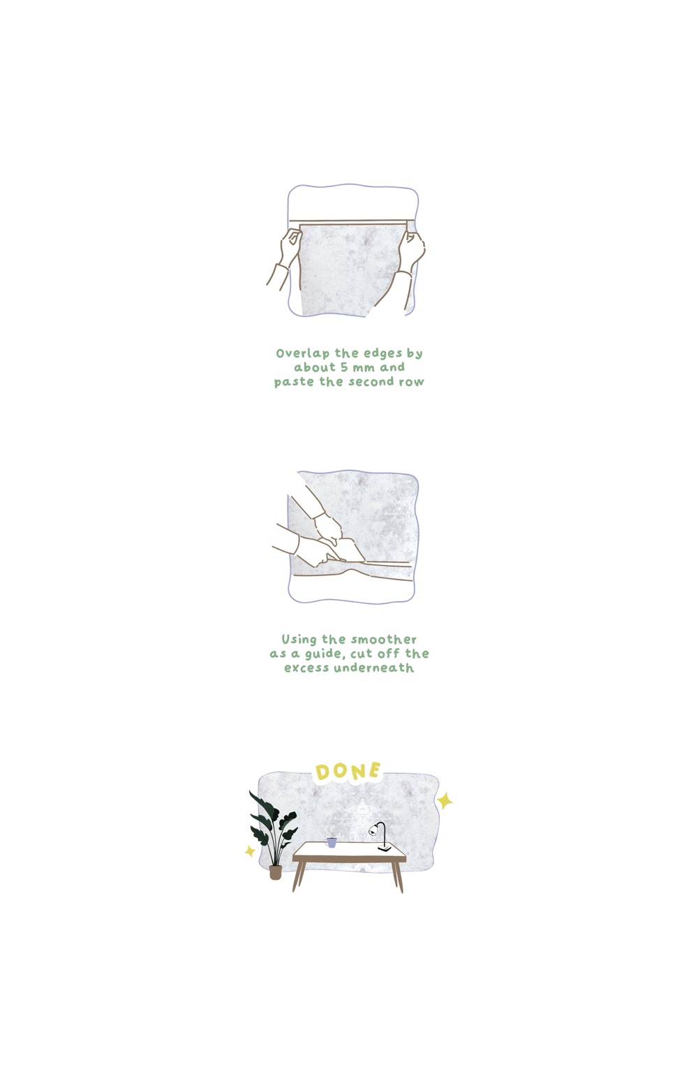 Removable wallpaper installation guide infographic with cartoon drawings